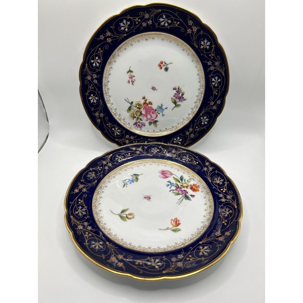 Antique English Cobalt Blue & Raised Gold Gilt Cabinet Plates Set of 2‎ c.1900